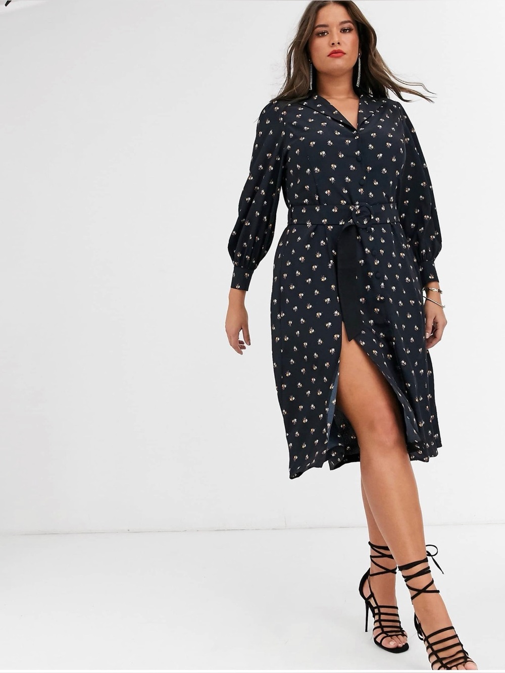 ASOS Fashion Union Black Ditsy Floral Midi Shirt Dress Belted Waist Double Slit